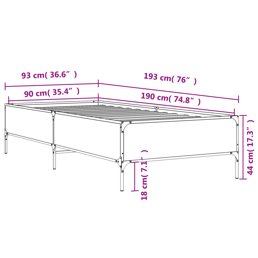 Bed frame Grey Sonoma 90x190 cm wood material and metal