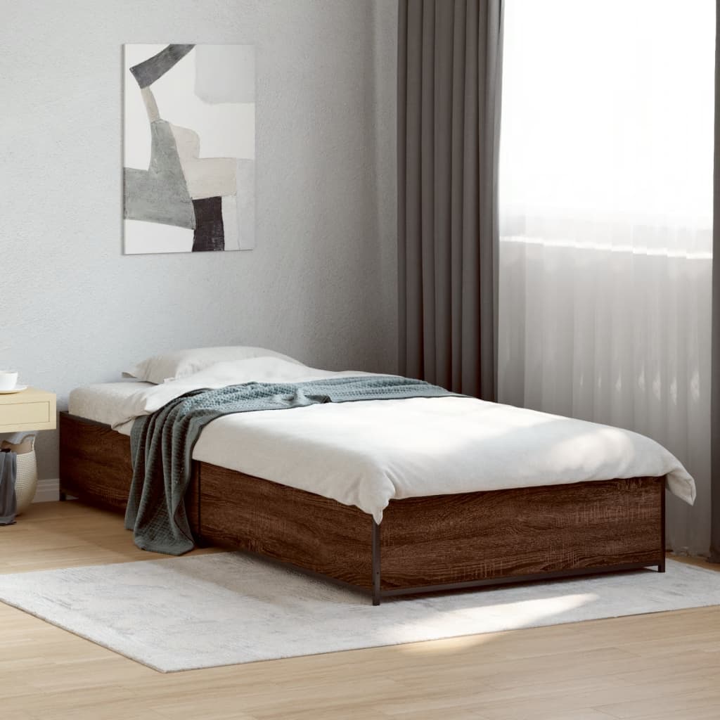Bed frame brown oak look 75x190 cm wood material metal