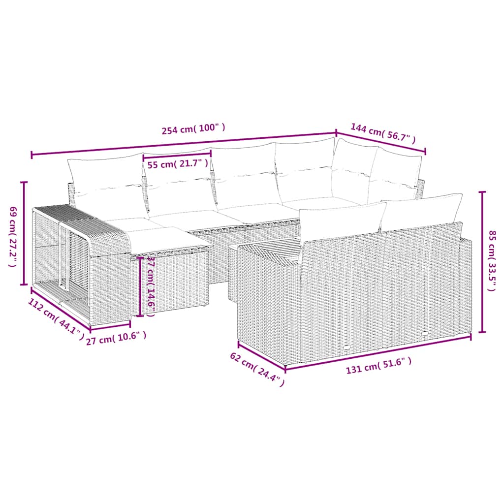 11-teiliges Gartensofa-Set mit Kissen, schwarzes Polyrattan