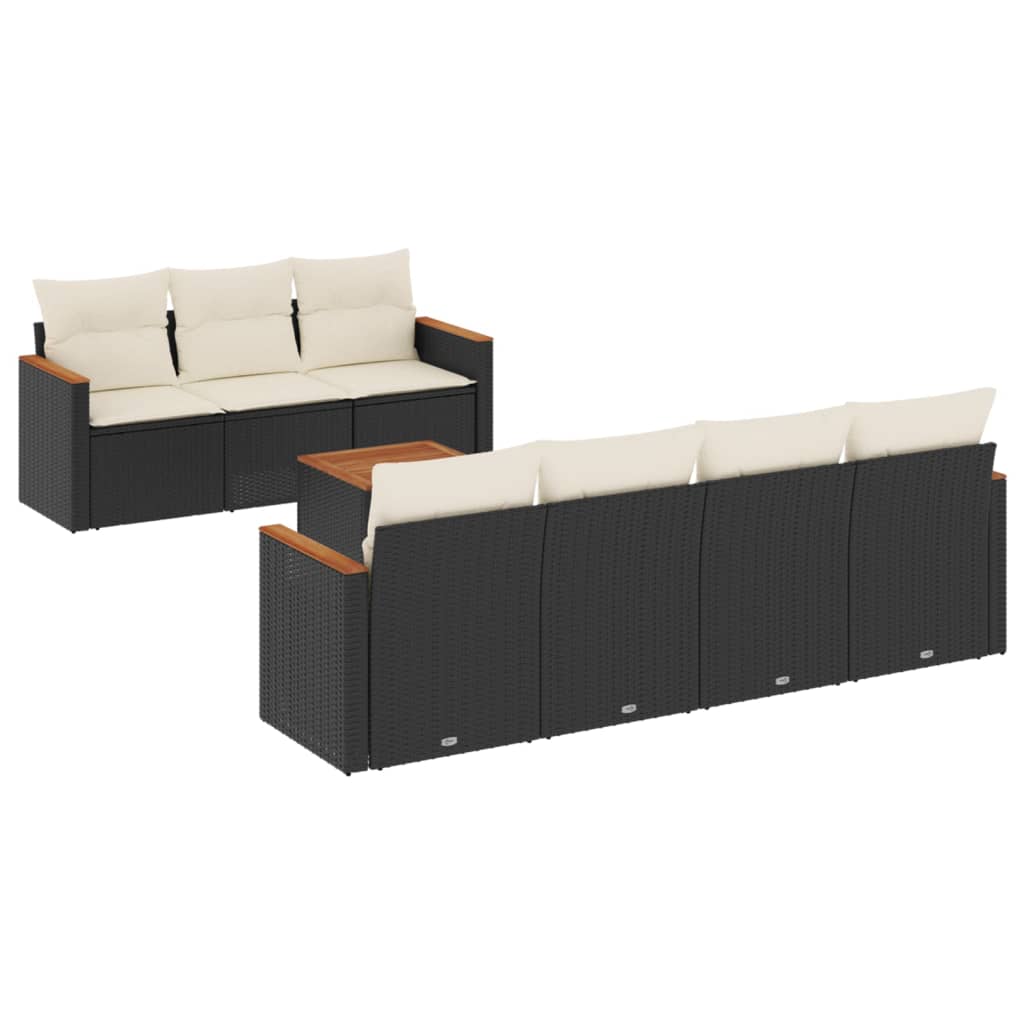 8-piece garden sofa set with cushions, black poly rattan