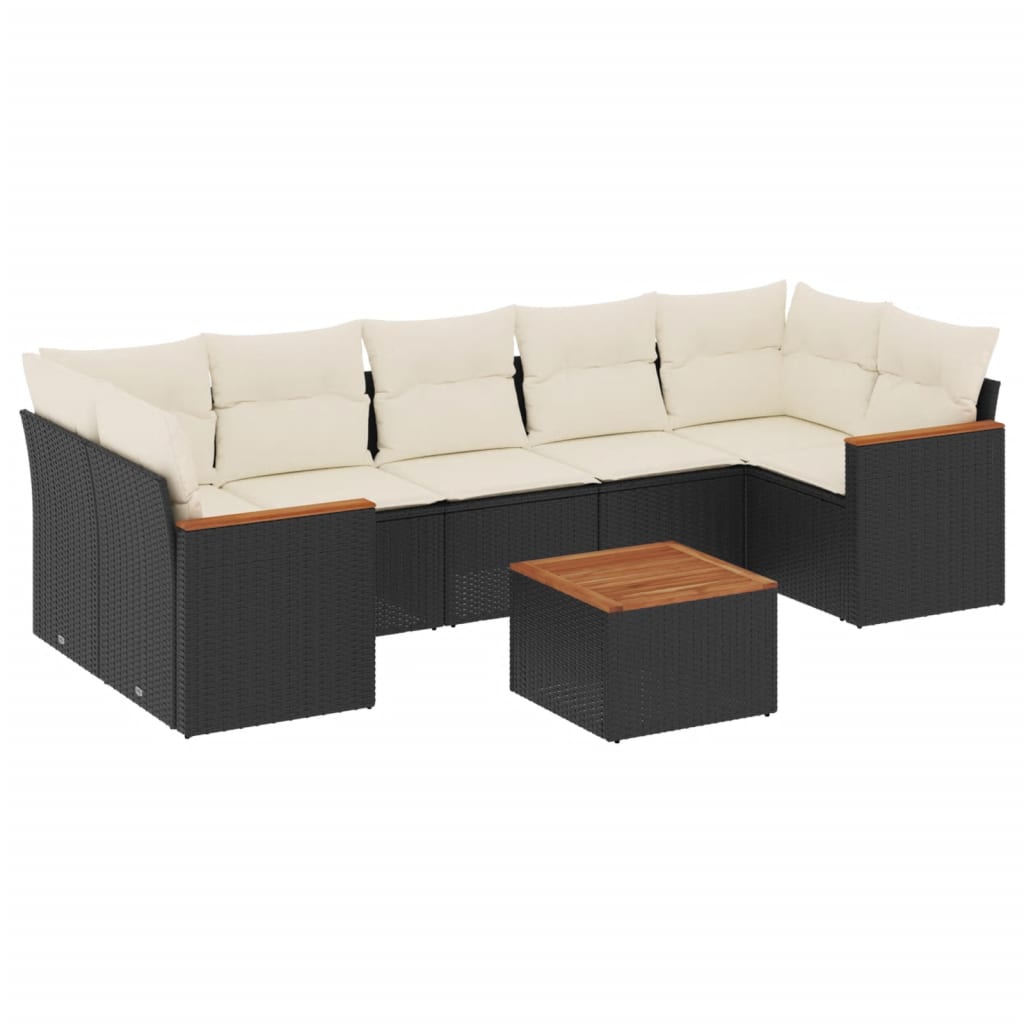8-piece garden sofa set with cushions, black poly rattan