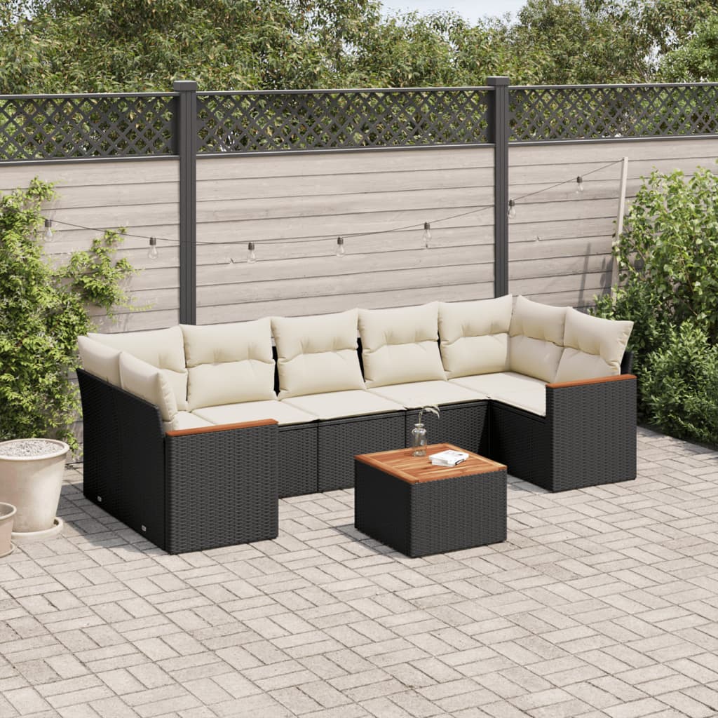 8-piece garden sofa set with cushions, black poly rattan