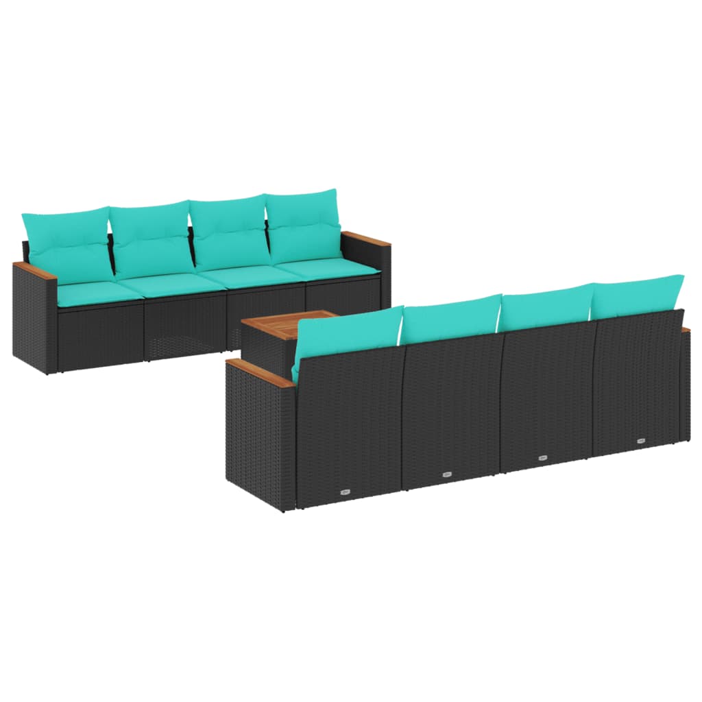 9-teiliges Gartensofa-Set mit Kissen, schwarzes Polyrattan