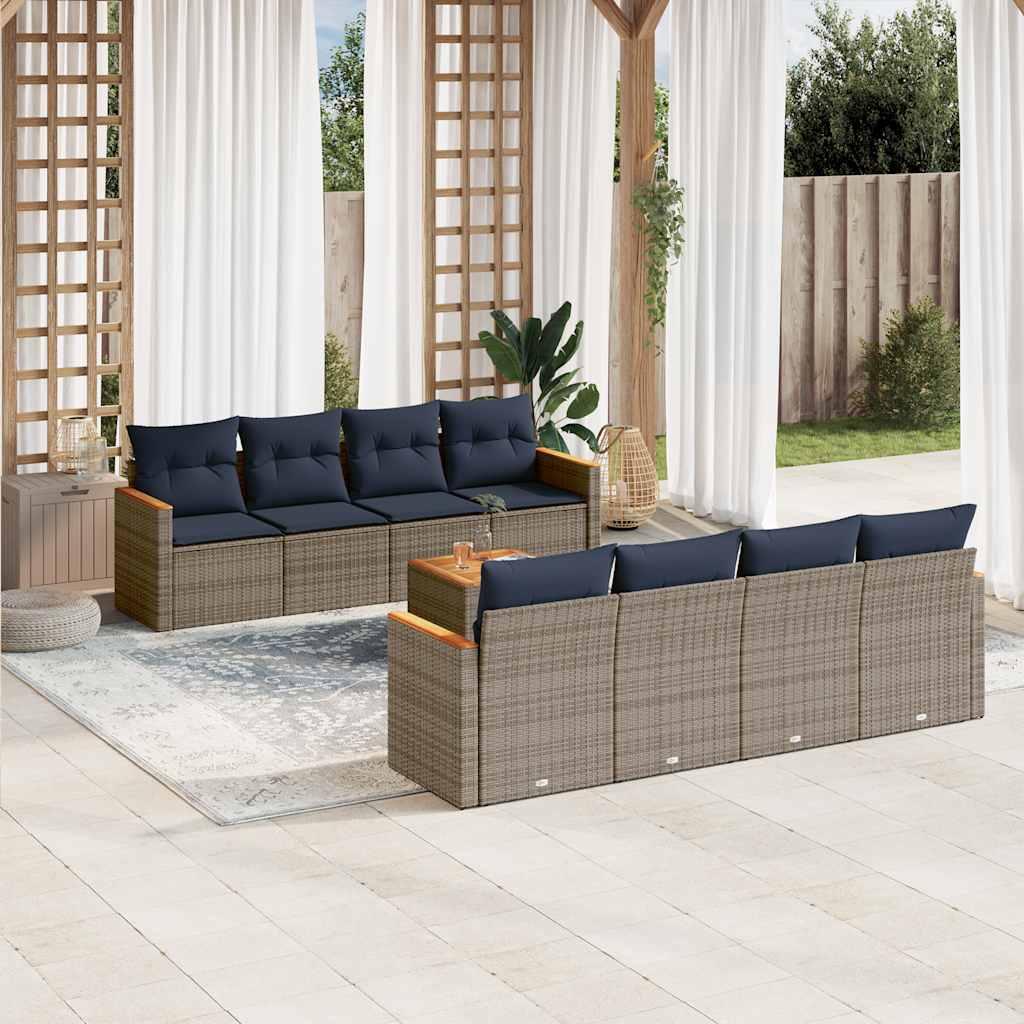 9-teiliges Gartensofa-Set mit Kissen, grau, Polyrattan