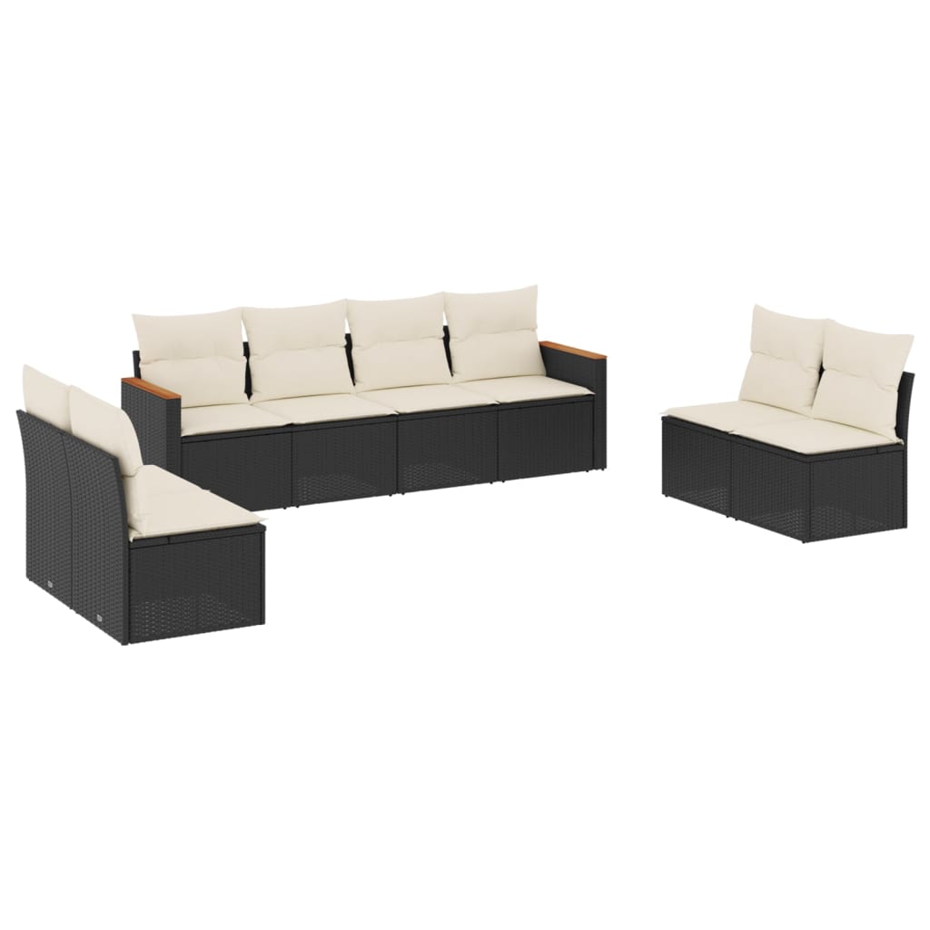 8-piece garden sofa set with cushions, black poly rattan