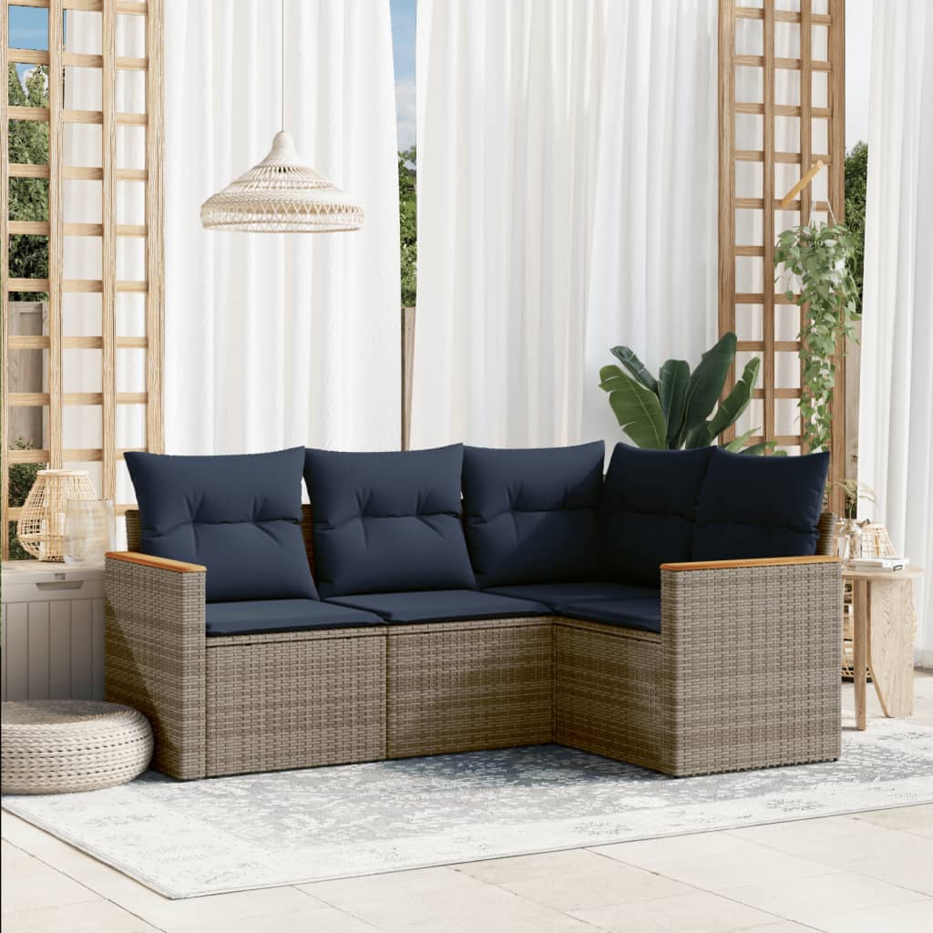 4-teiliges Gartensofa-Set mit Kissen, grau, Polyrattan