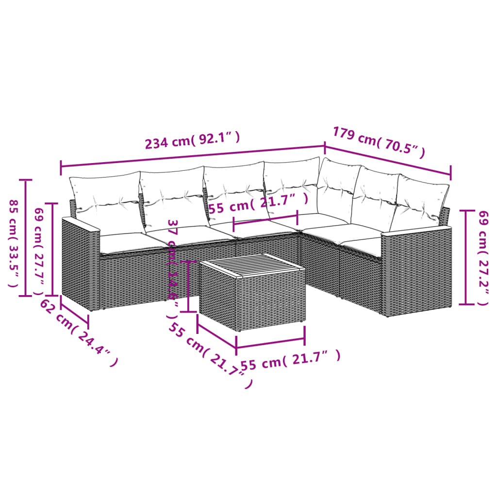 7-teiliges Gartensofa-Set mit Kissen, schwarzes Polyrattan
