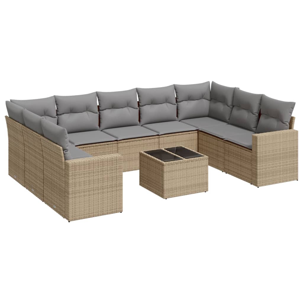 10-piece garden sofa set with cushions, beige poly rattan