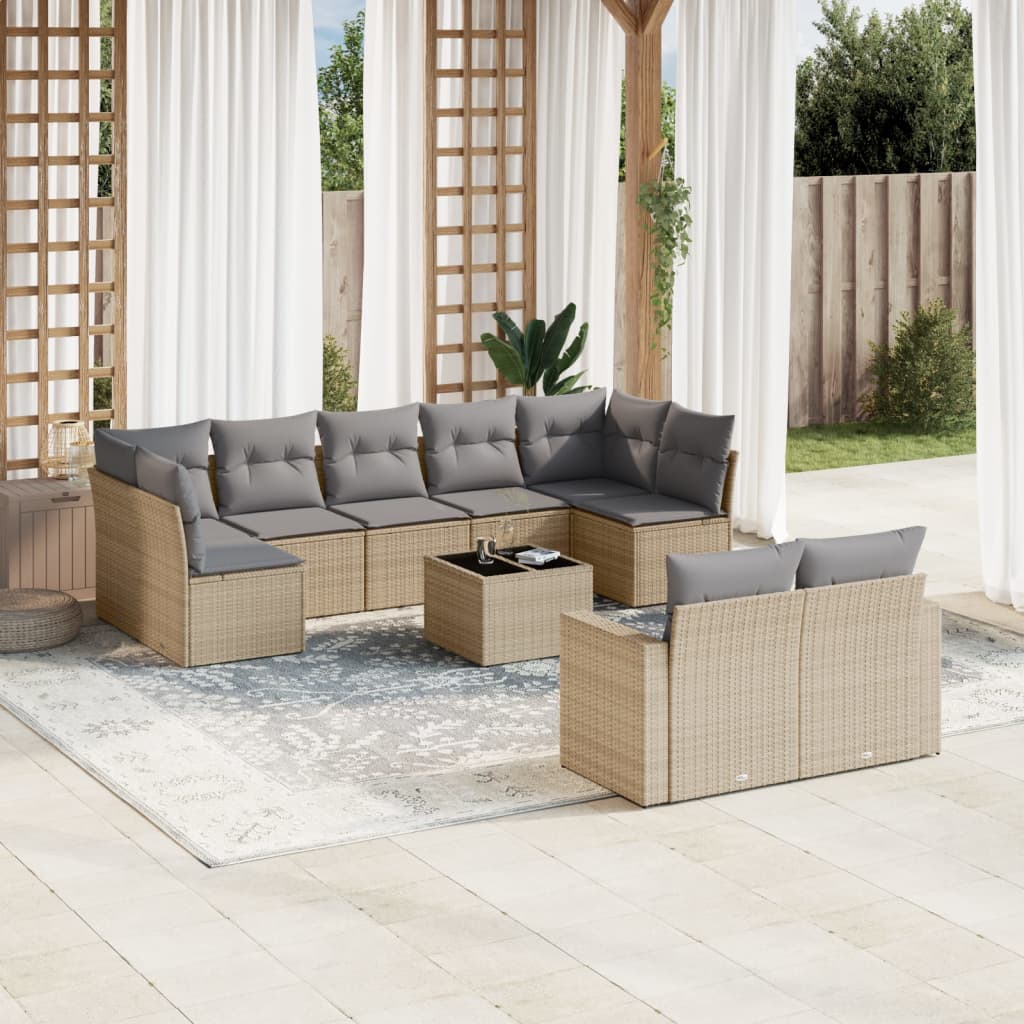 10-piece garden sofa set with cushions, beige poly rattan