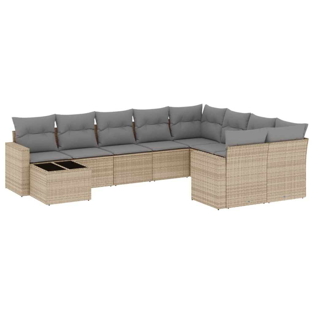 10-piece garden sofa set with cushions, beige poly rattan