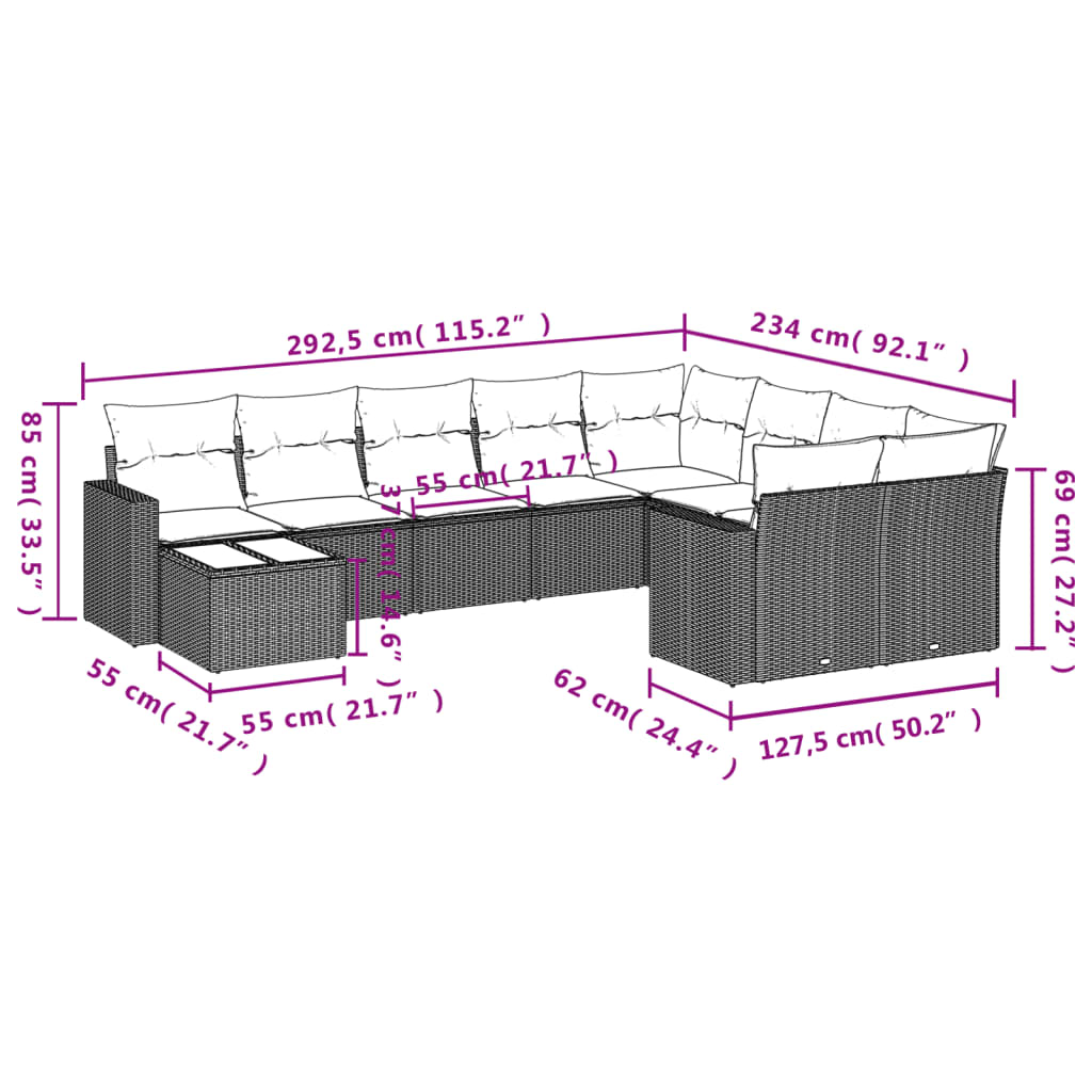 10-piece garden sofa set with cushions, beige poly rattan