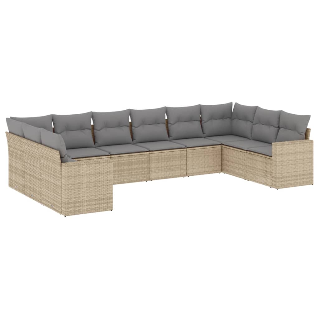 10-piece garden sofa set with cushions, beige poly rattan