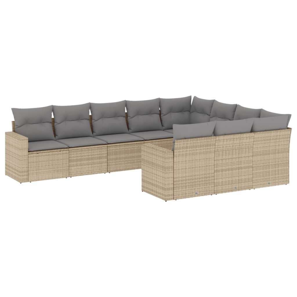 10-piece garden sofa set with cushions, beige poly rattan