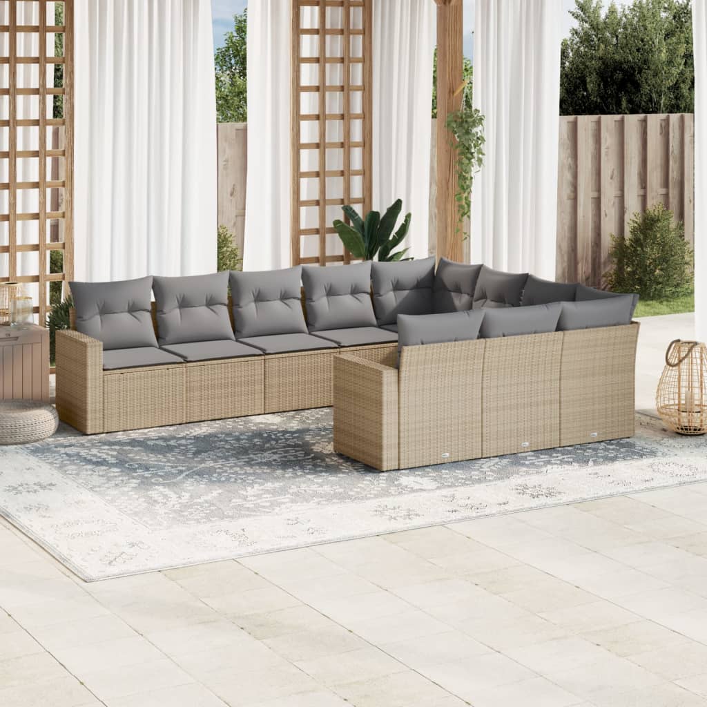 10-piece garden sofa set with cushions, beige poly rattan