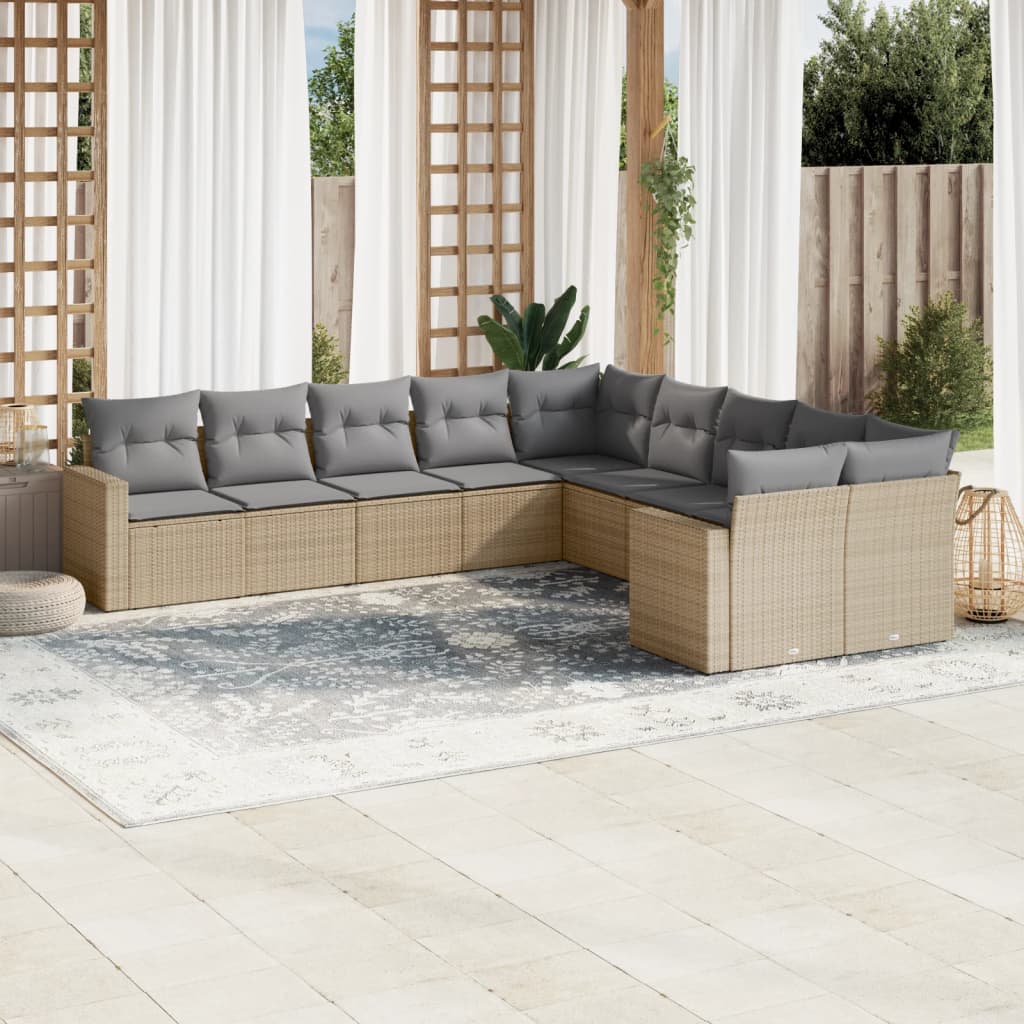 10-piece garden sofa set with cushions, beige poly rattan