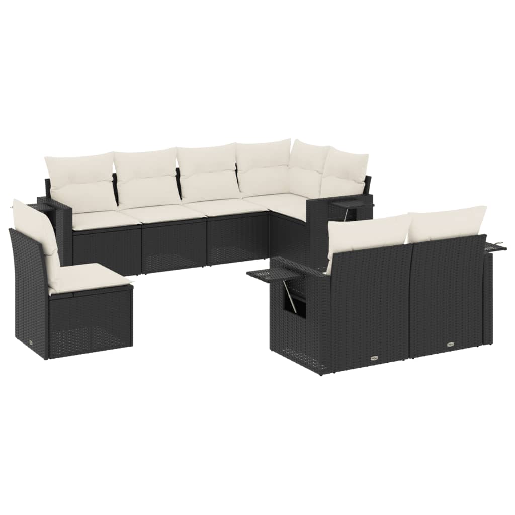 8-piece garden sofa set with cushions, black poly rattan