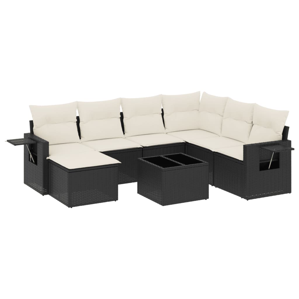 8-piece garden sofa set with cushions, black poly rattan