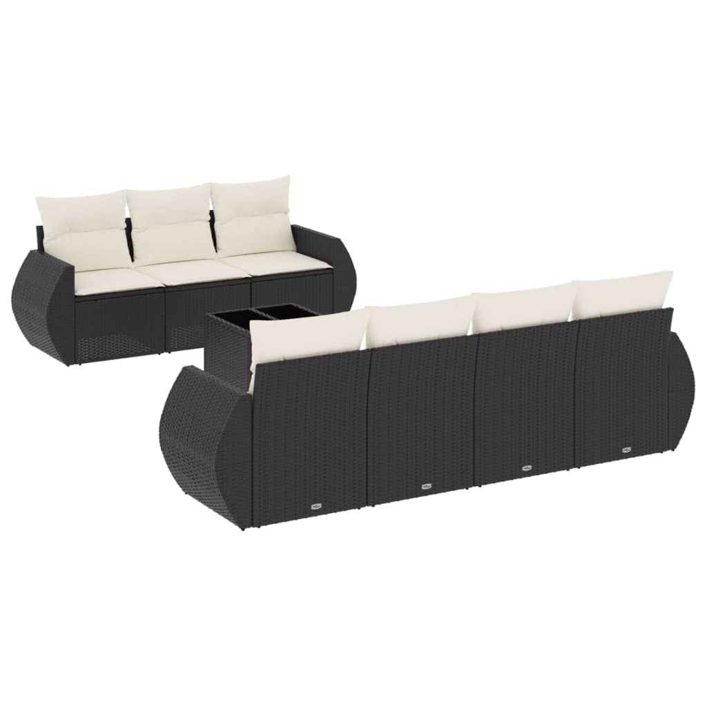 8-piece garden sofa set with cushions, black poly rattan