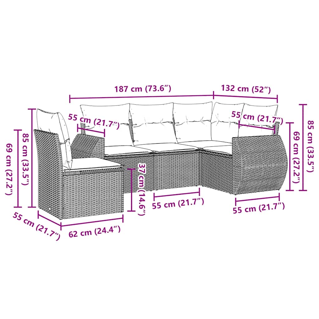 5-tlg. Garten-Sofagarnitur mit Kissen Schwarz Poly Rattan