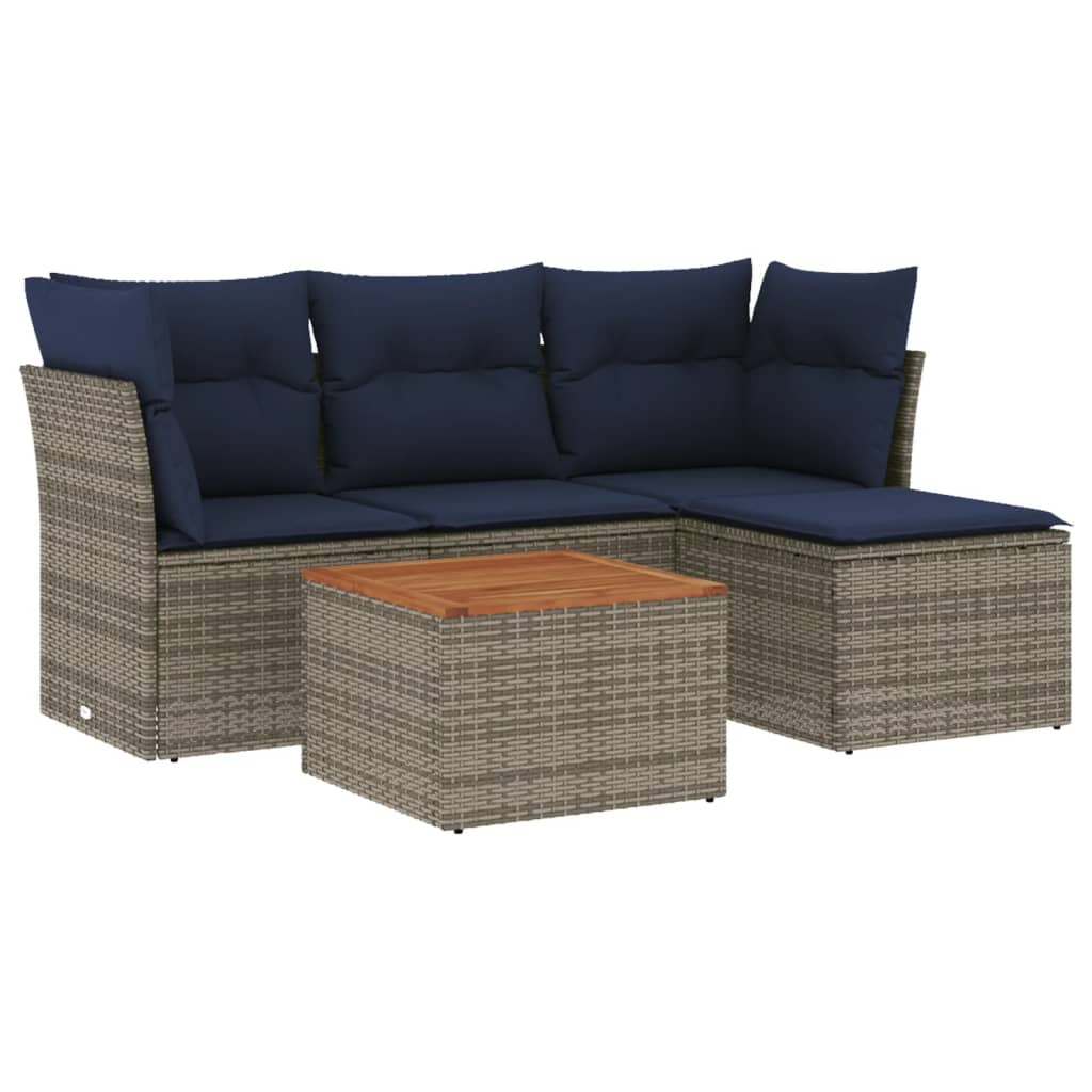 5-teiliges Gartensofa-Set mit Kissen, grau, Polyrattan