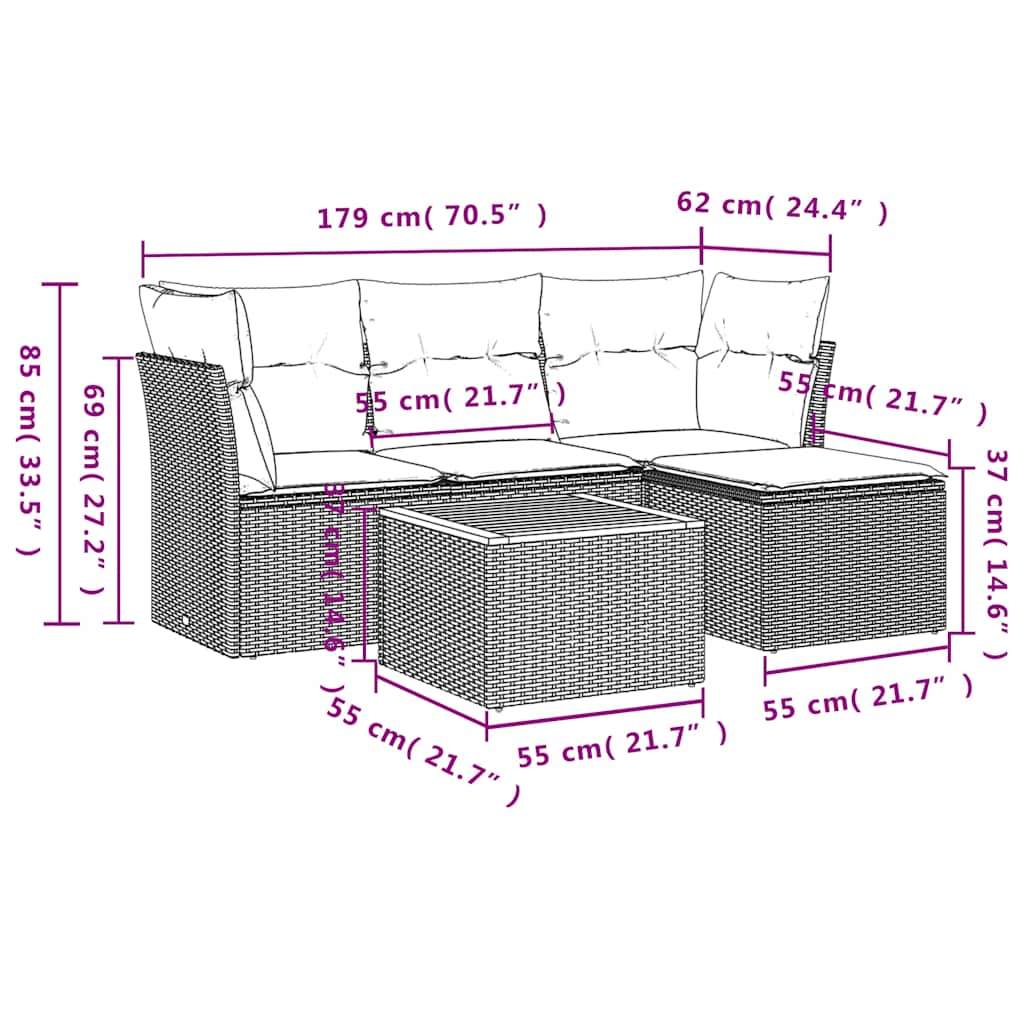 5-teiliges Gartensofa-Set mit Kissen, grau, Polyrattan