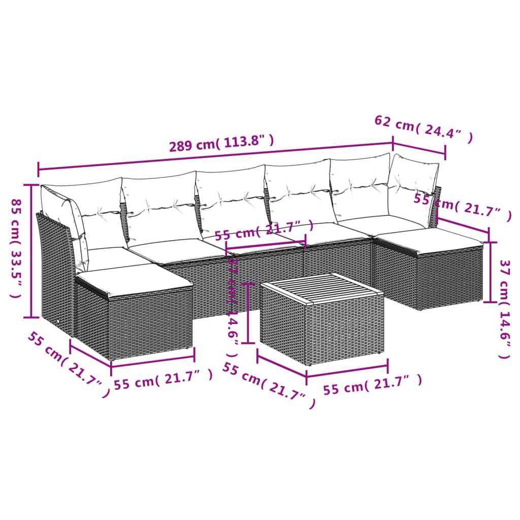 8-piece garden sofa set with cushions, black poly rattan