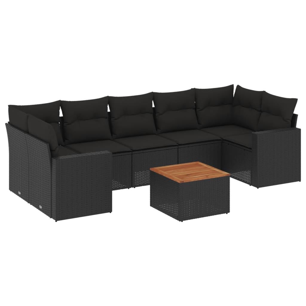 8-piece garden sofa set with cushions, black poly rattan