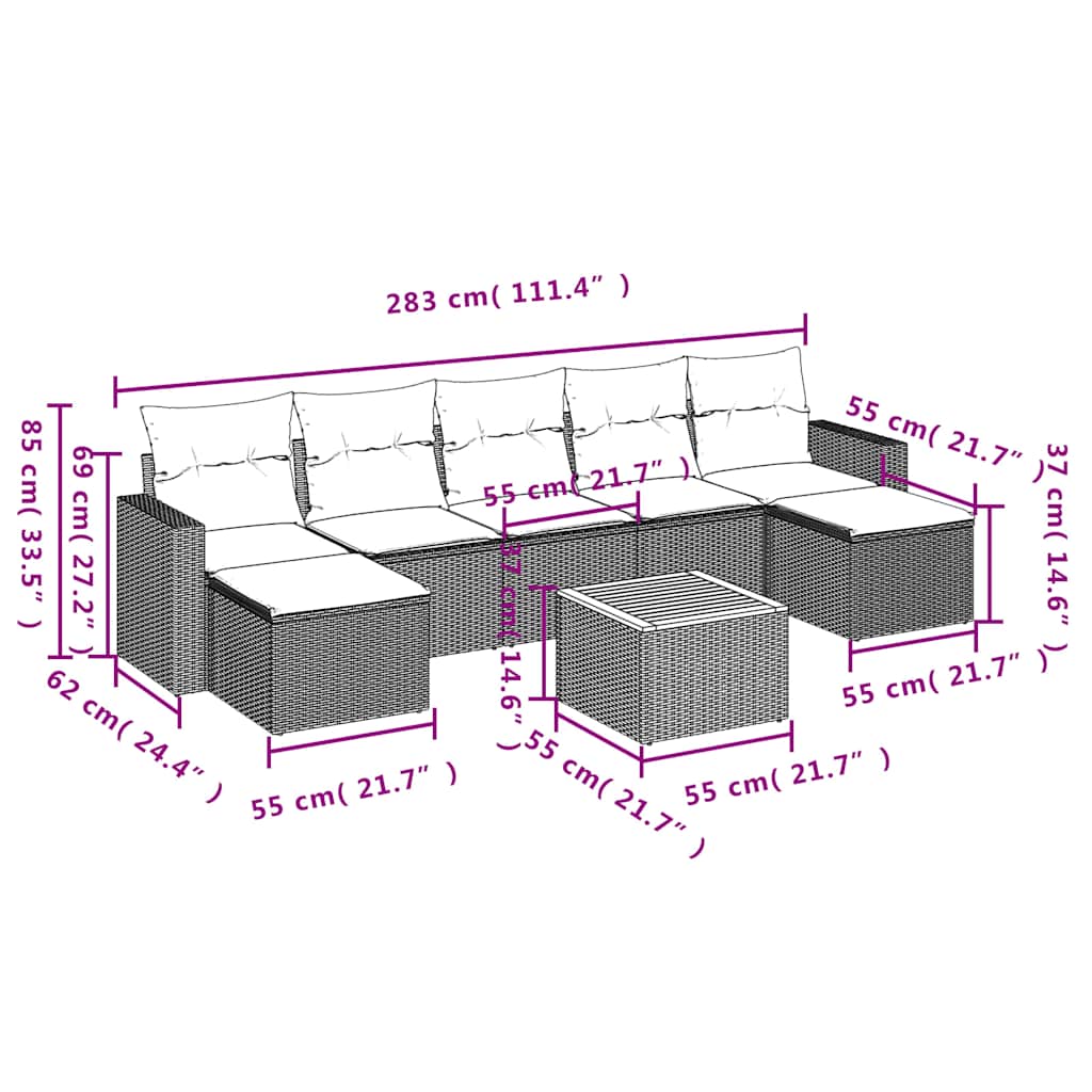 8-teiliges Gartensofa-Set mit Kissen, grau, Polyrattan