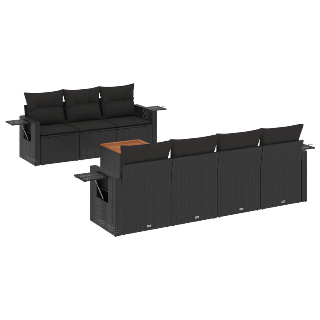 8-piece garden sofa set with cushions, black poly rattan