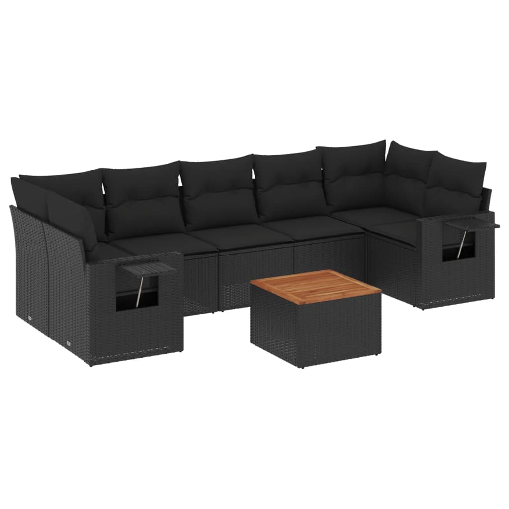 8-piece garden sofa set with cushions, black poly rattan