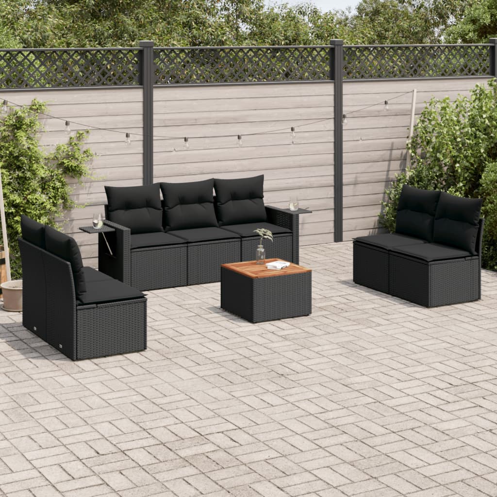 8-piece garden sofa set with cushions, black poly rattan