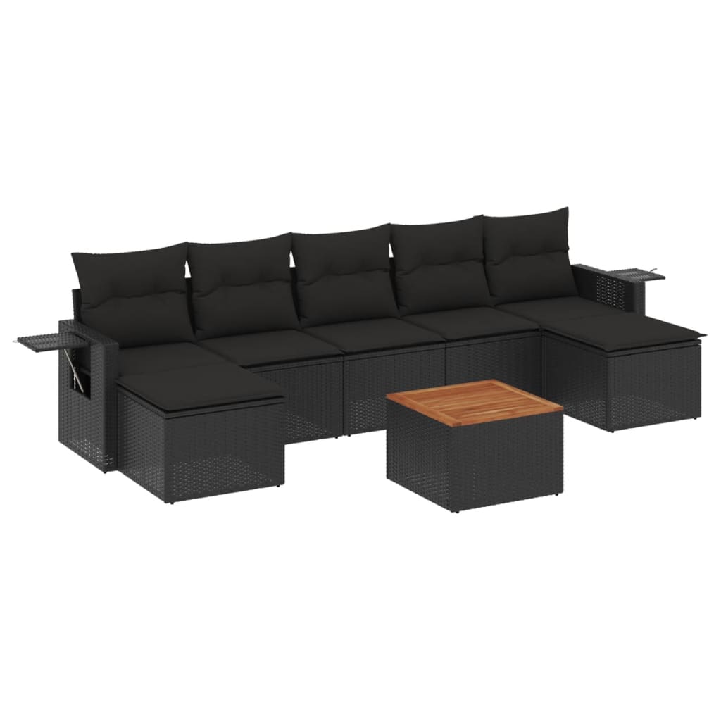8-piece garden sofa set with cushions, black poly rattan