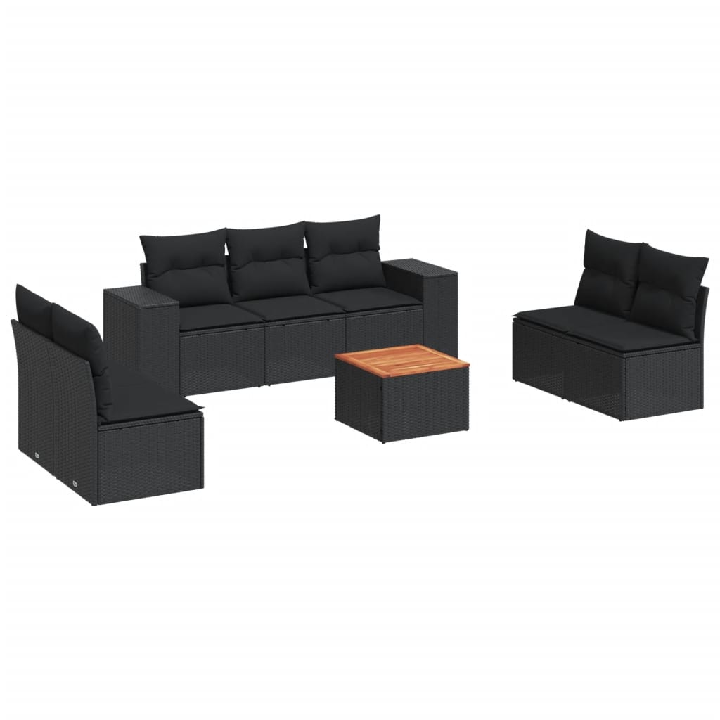 8-piece garden sofa set with cushions, black poly rattan