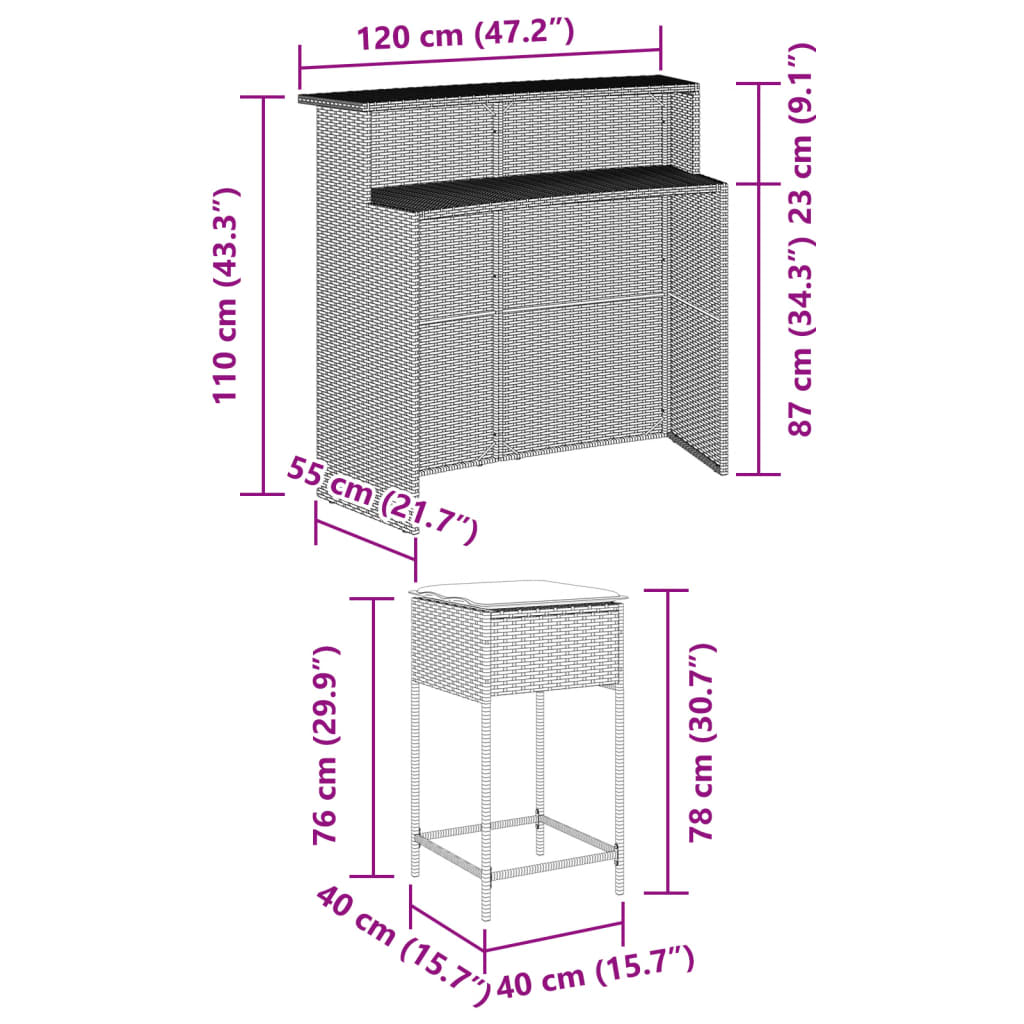 5-tlg. Gartenbar-Set mit Kissen Schwarz Poly Rattan