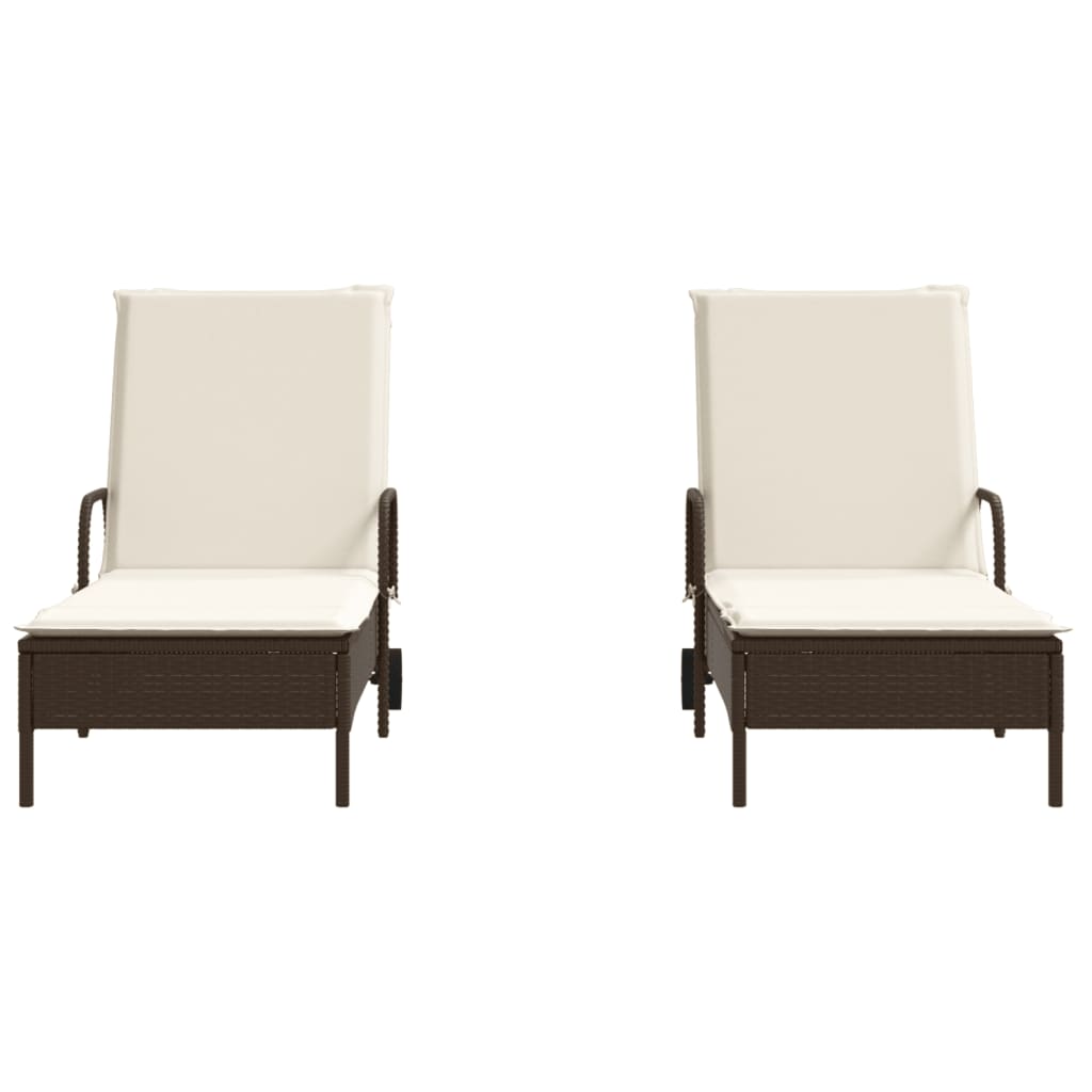 Chaises longues avec coussins, lot de 2, en résine tressée marron