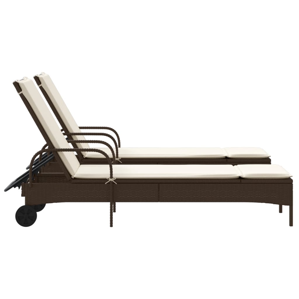 Chaises longues avec coussins, lot de 2, en résine tressée marron