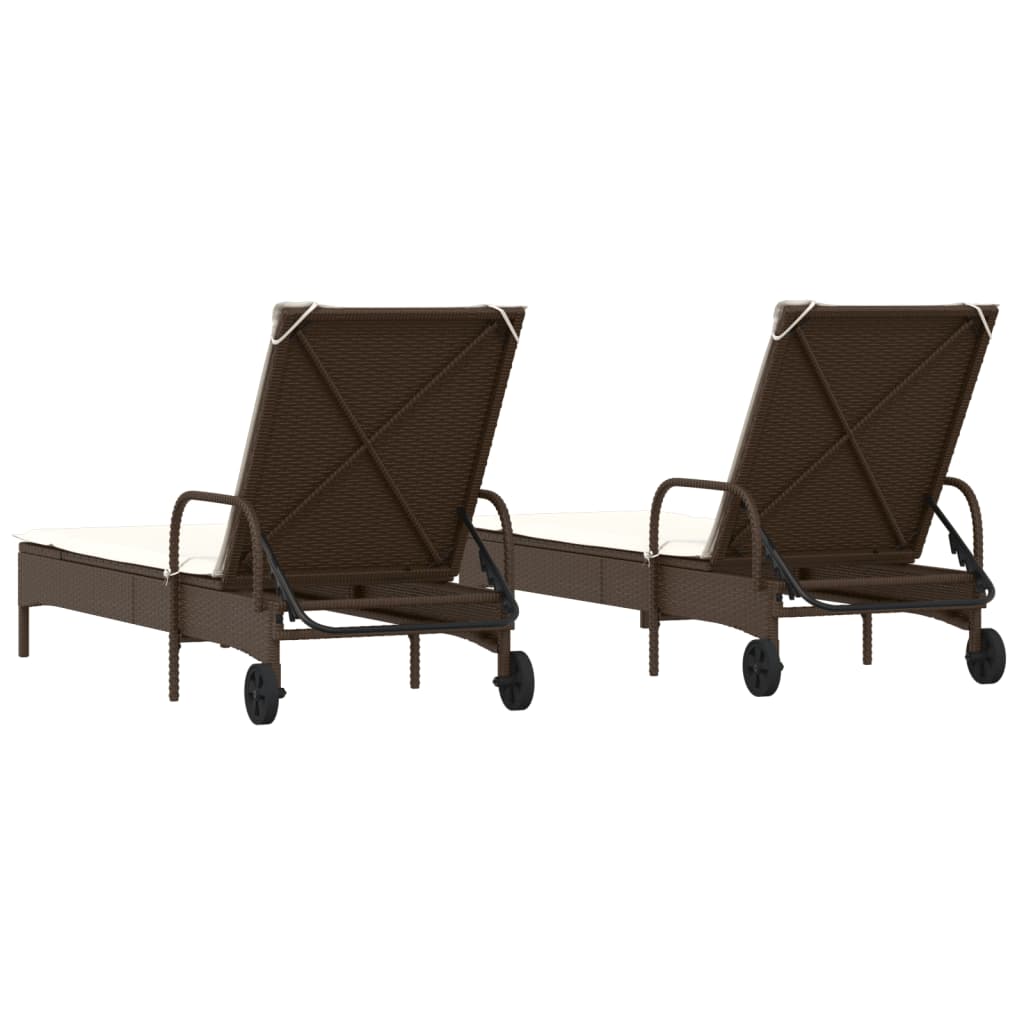 Chaises longues avec coussins, lot de 2, en résine tressée marron