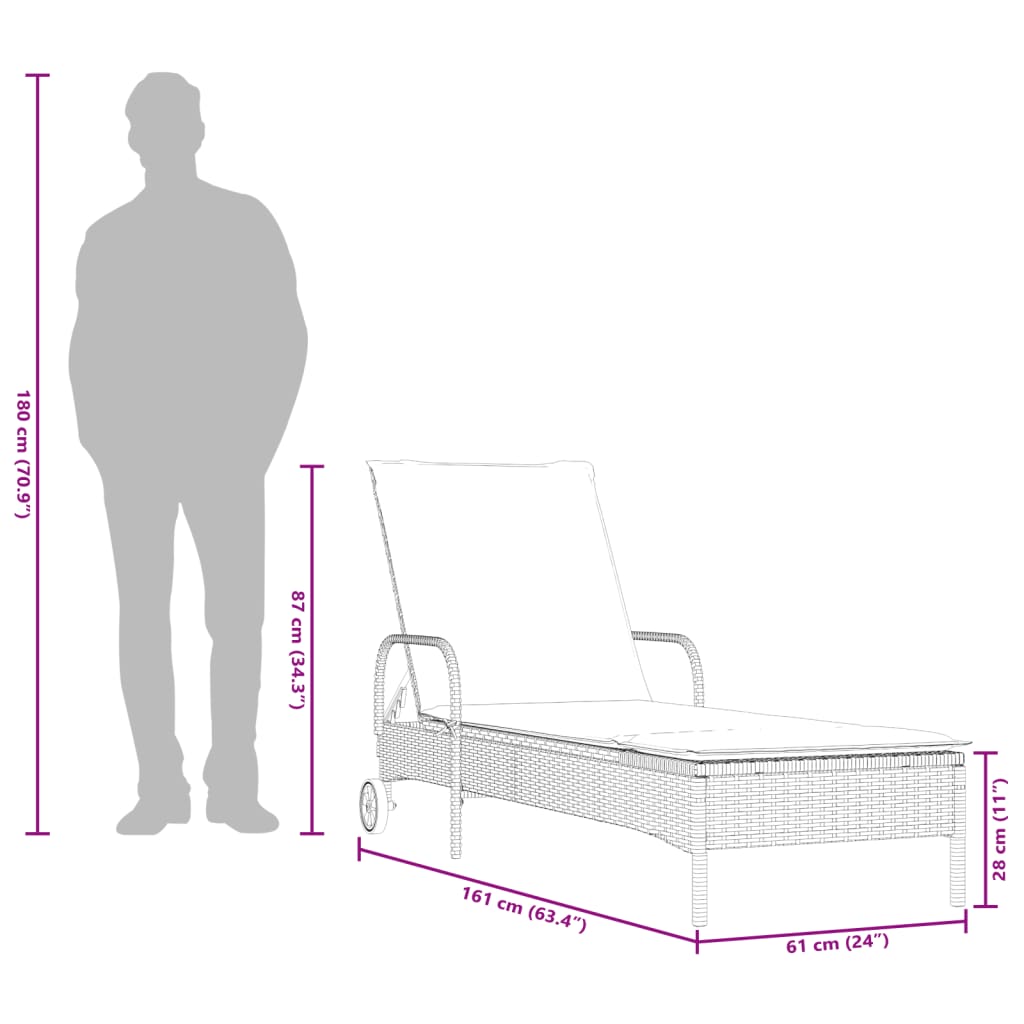 Chaises longues avec coussins, lot de 2, en résine tressée marron