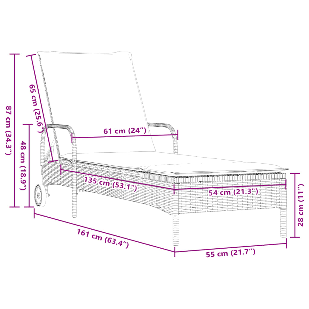 Chaises longues avec coussins, lot de 2, en résine tressée grise