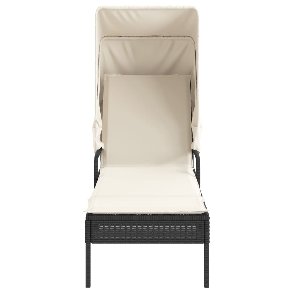Sun loungers 2 pcs. with roof and table black poly rattan