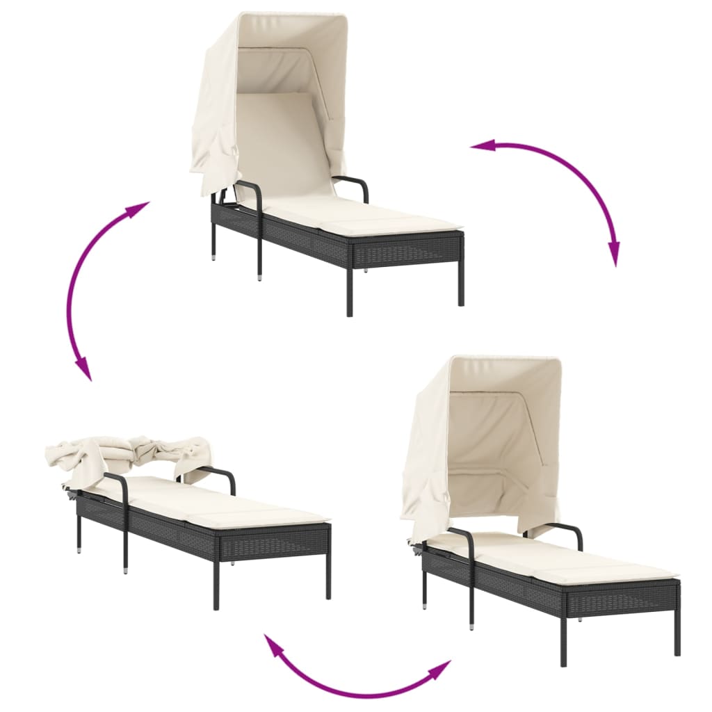 Sun loungers 2 pcs. with roof and table black poly rattan
