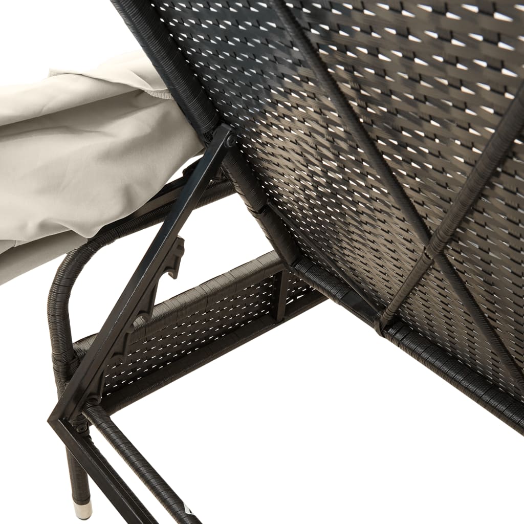 Sun loungers 2 pcs. with roof and table black poly rattan