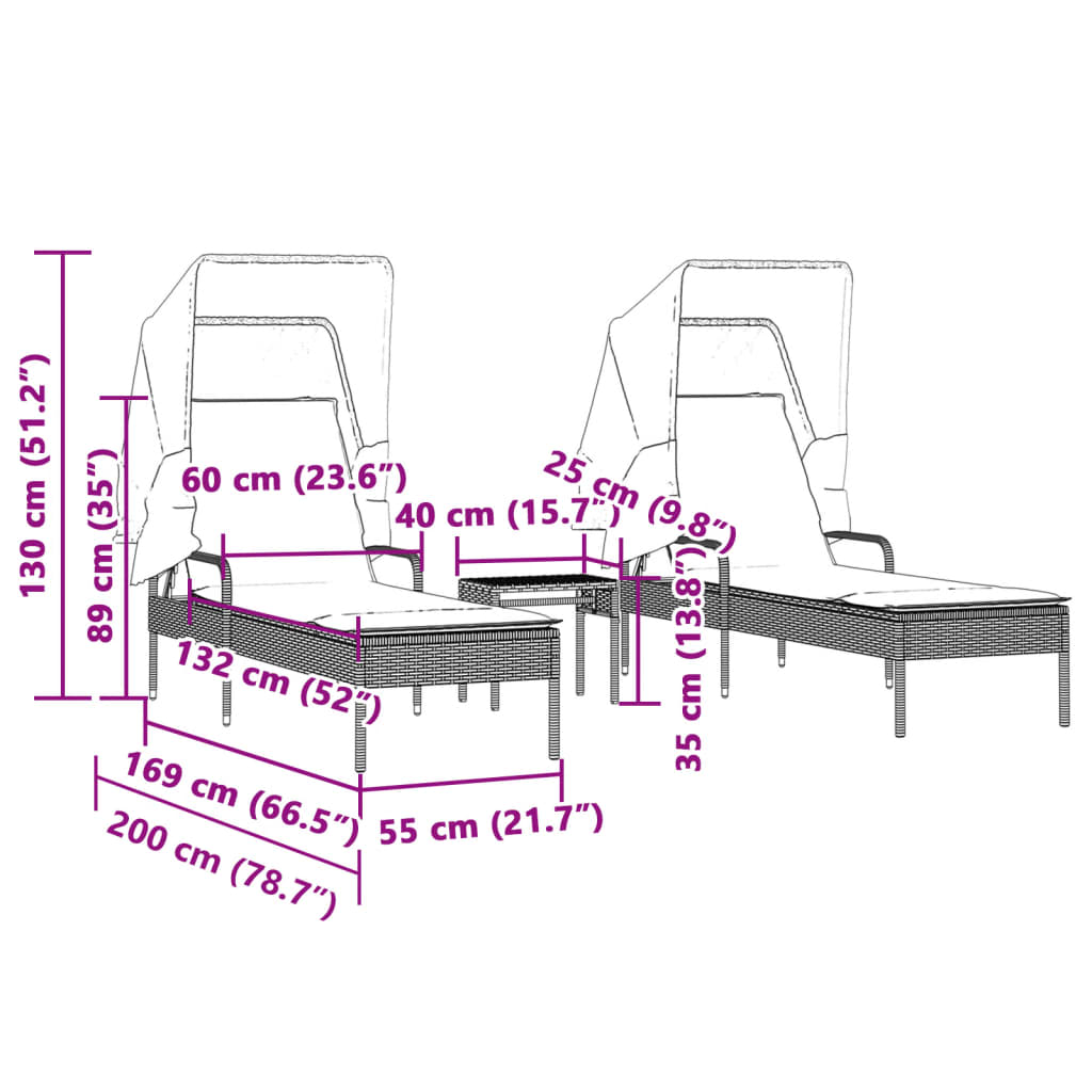 Chaises longues 2 pièces avec toit et table en résine tressée grise