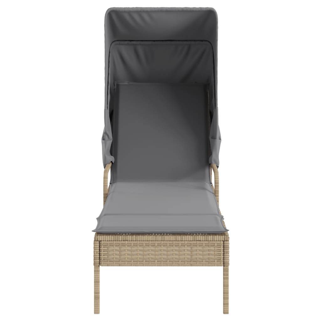 Sun loungers 2 pcs. with roof and table beige poly rattan
