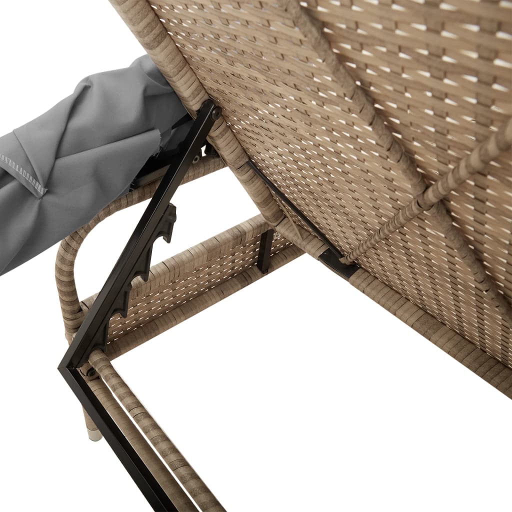 Sun loungers 2 pcs. with roof and table beige poly rattan