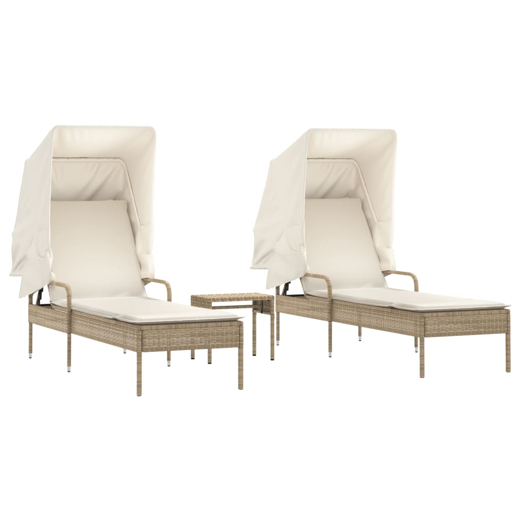 Chaises longues 2 pièces avec toit et table en résine tressée beige
