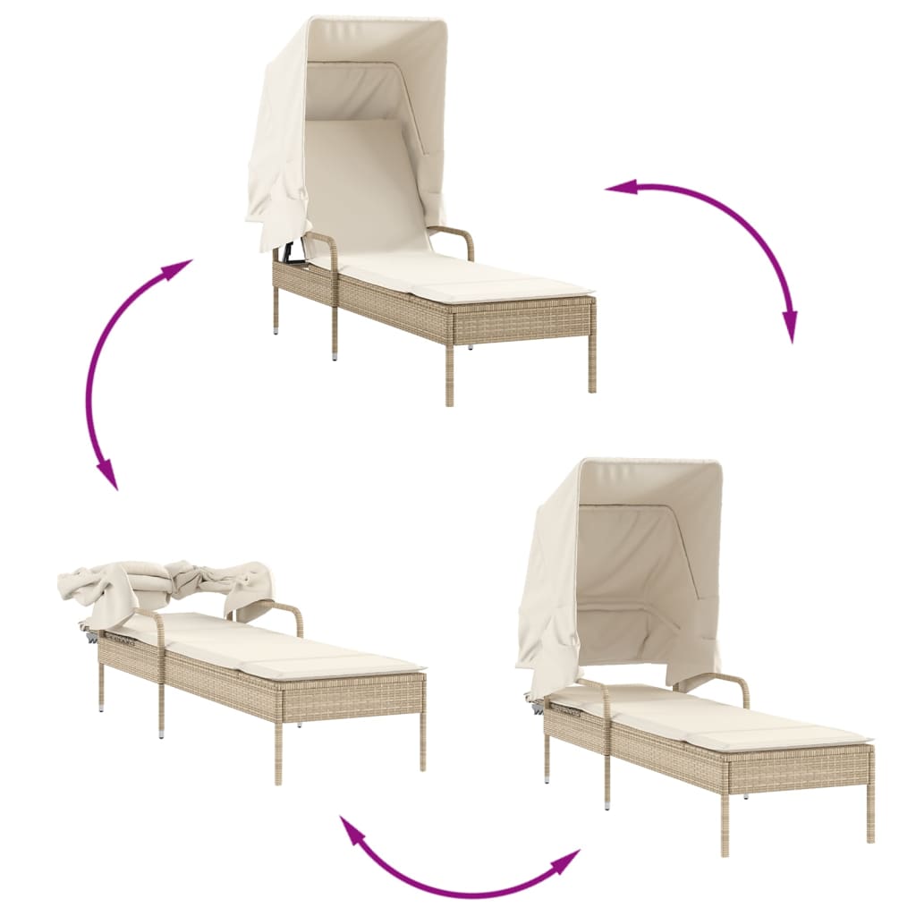 Chaises longues 2 pièces avec toit et table en résine tressée beige
