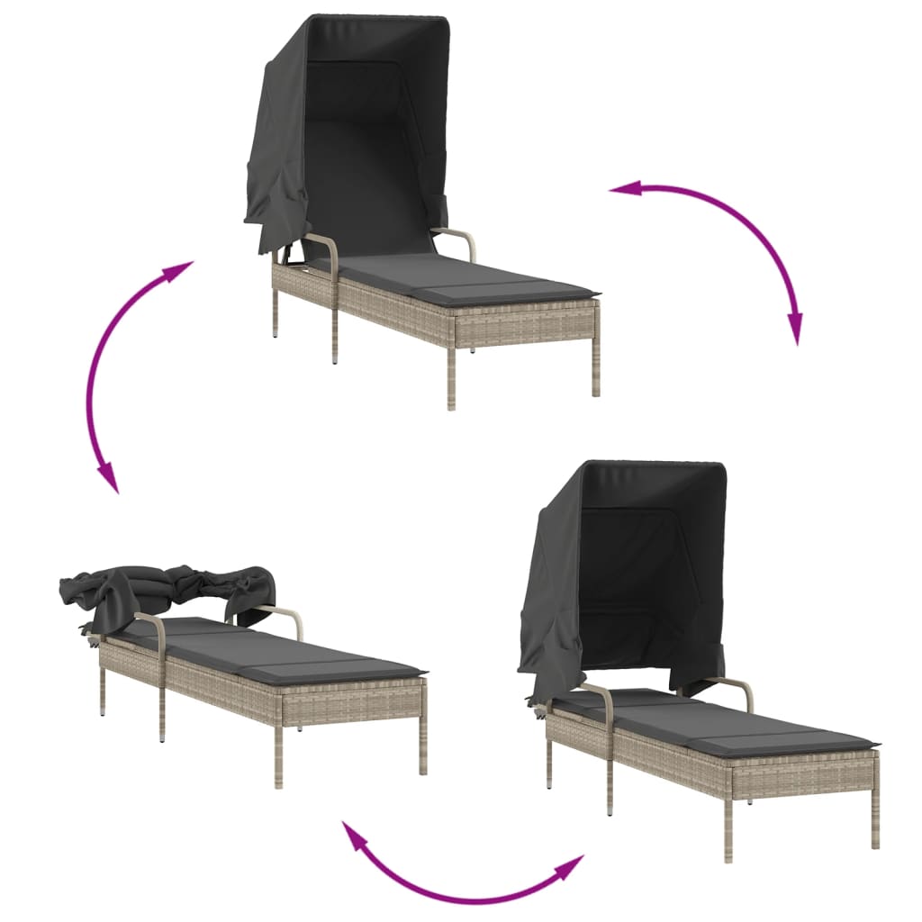 Chaises longues 2 pièces avec toit et table en résine tressée gris clair