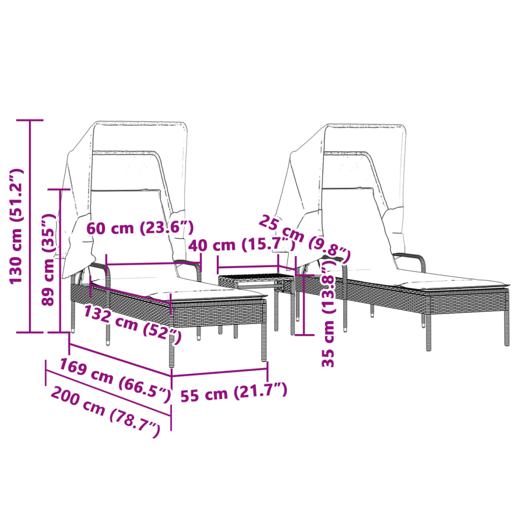 Chaises longues 2 pièces avec toit et table en résine tressée gris clair