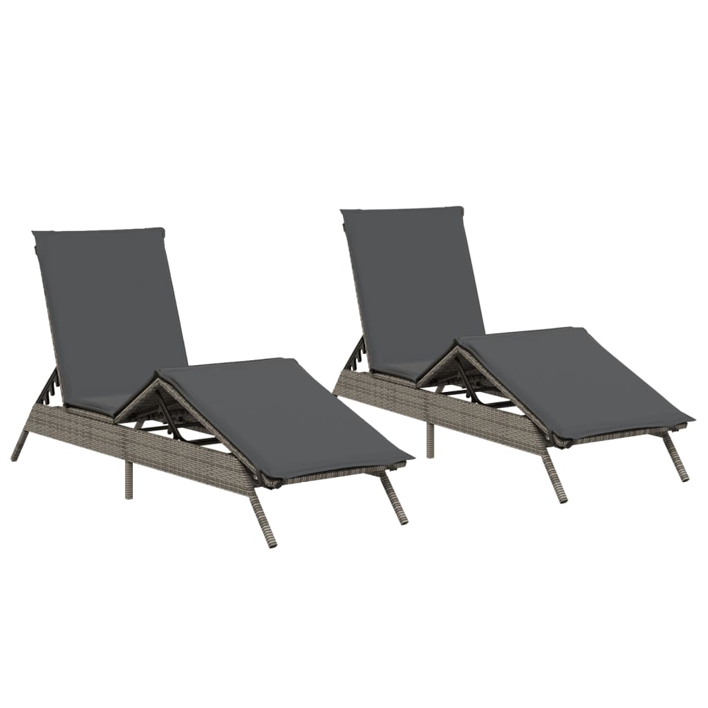 Chaises longues avec coussins, lot de 2, en résine tressée grise